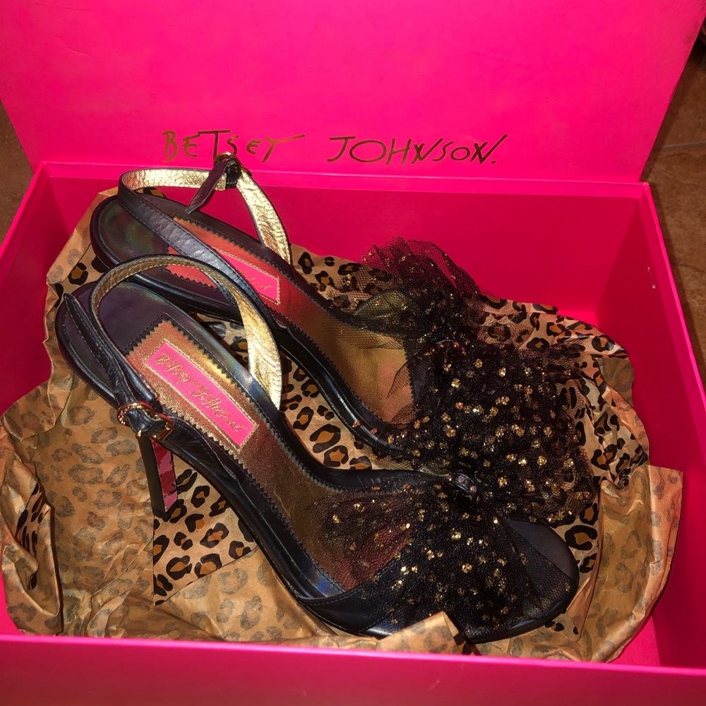 Betsey Johnson Gold Polka Dot Bow Heels